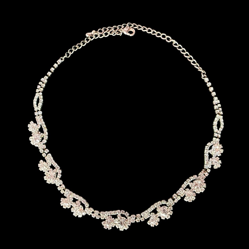 Vintage Mid-Century Silver-Tone Rhinestone Floral Choker Necklace – 18" L - Picture 7 of 13